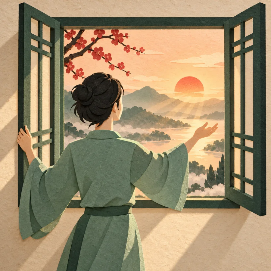 A person reaching toward a window with sunrise light
