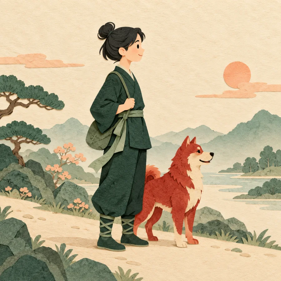 A person stands beside a dog, both facing the same direction
