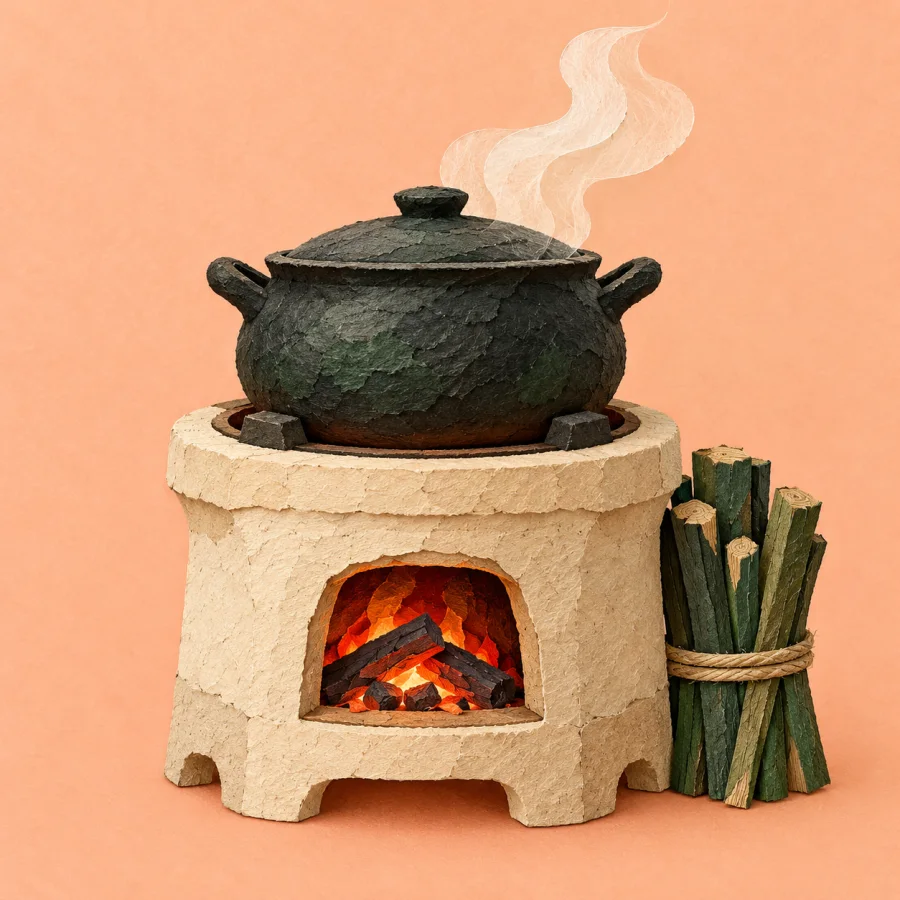 An old earthen stove with a pot and a bundle of firewood beside it