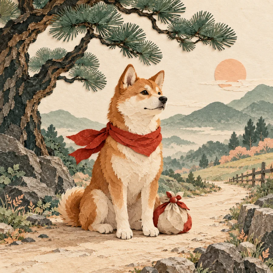 A loyal dog waits patiently beside a bundle under a pine tree