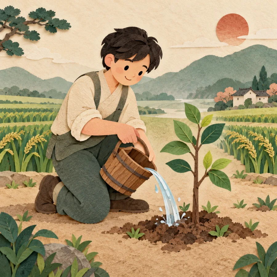 A person waters a sapling while nearby fields bloom