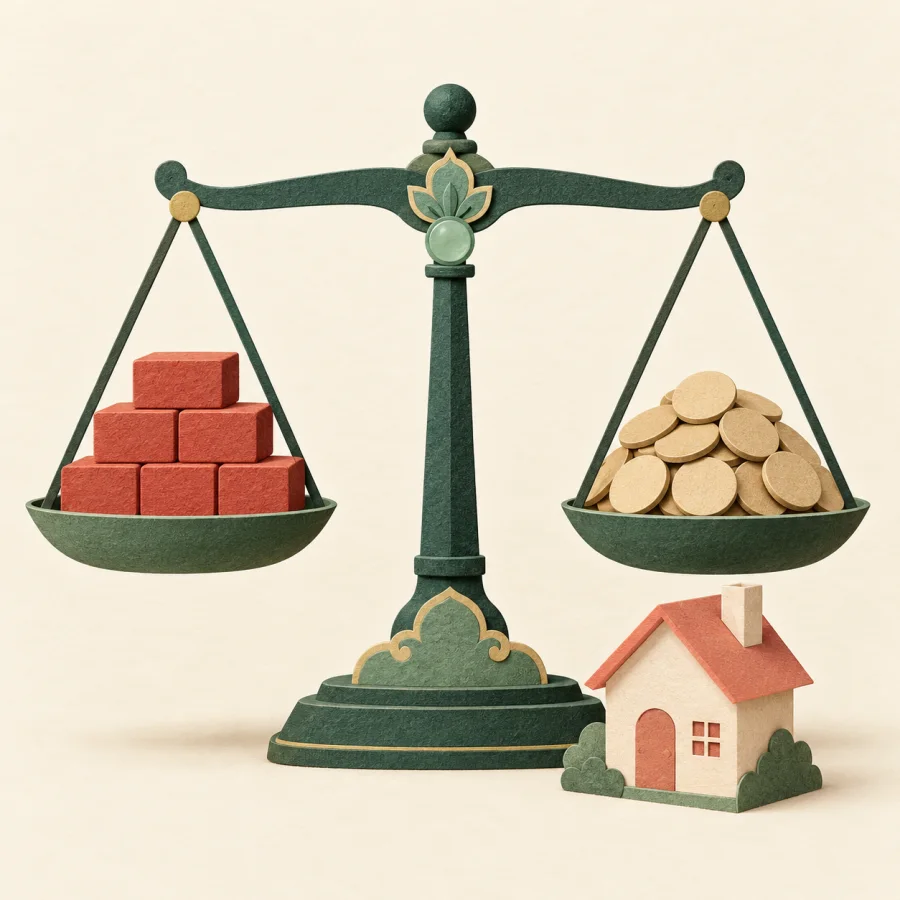 A scale weighs bricks against coins beside a model house