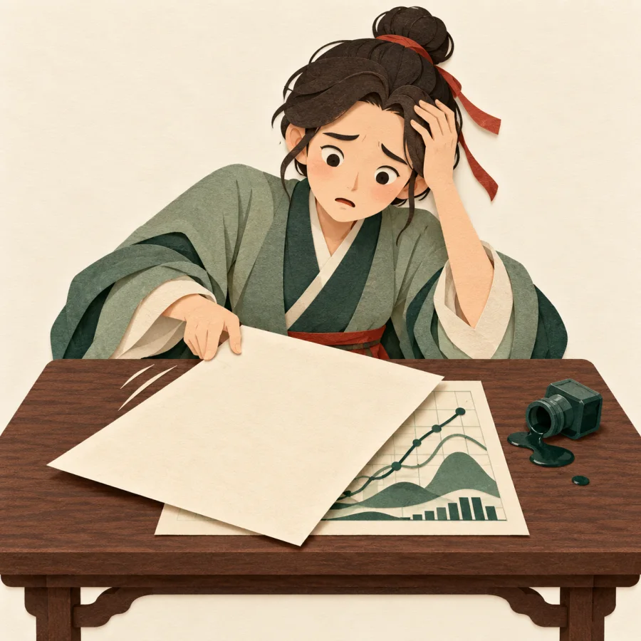 A person at a desk hastily covering a chart with a blank sheet