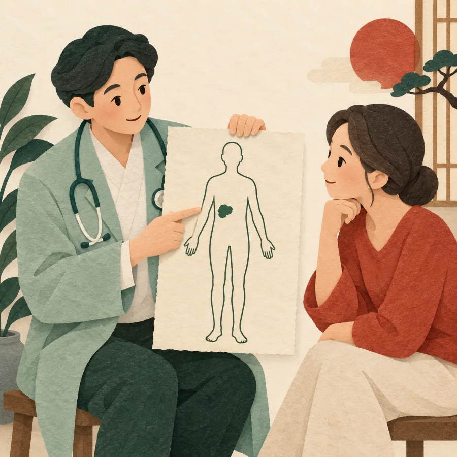 A doctor shows a body outline with a dark spot to a patient