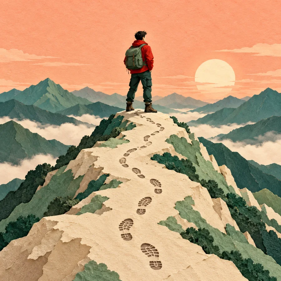 A traveler in a red jacket stands on a mountain top above winding footprints