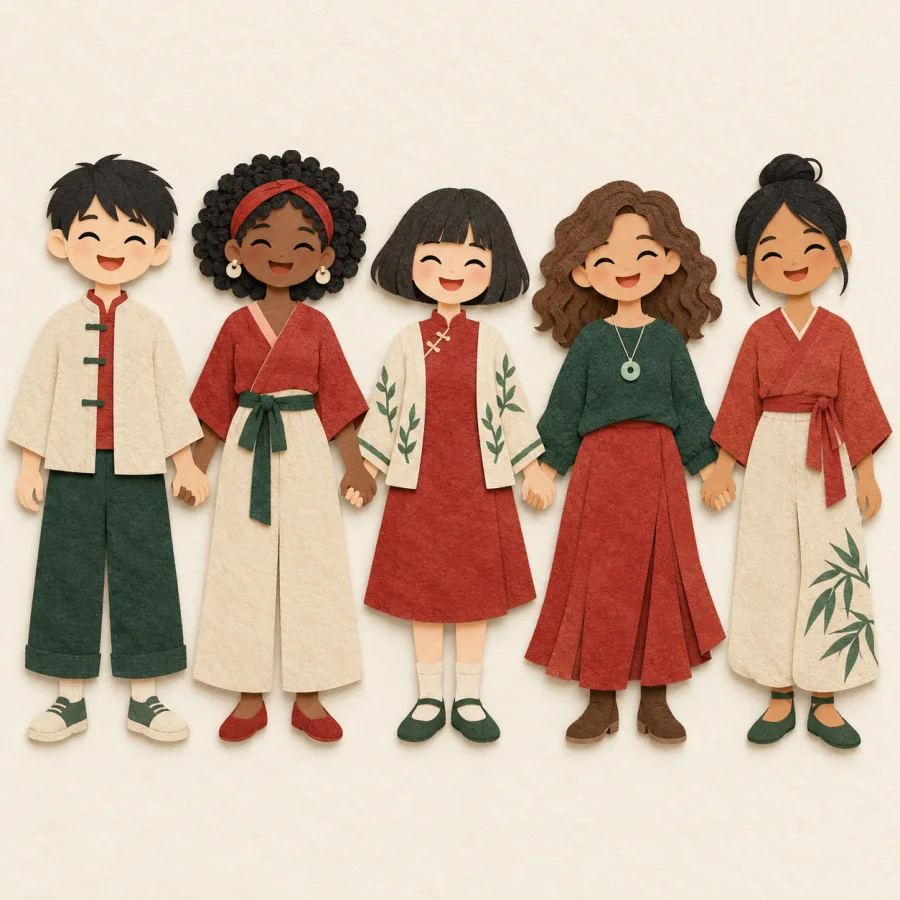 People of different appearances stand side by side holding hands