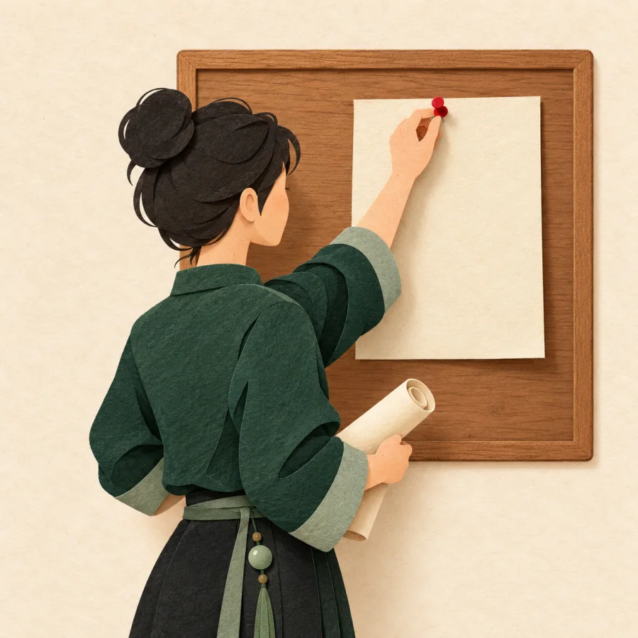 A person pins one announcement sheet to a bulletin board