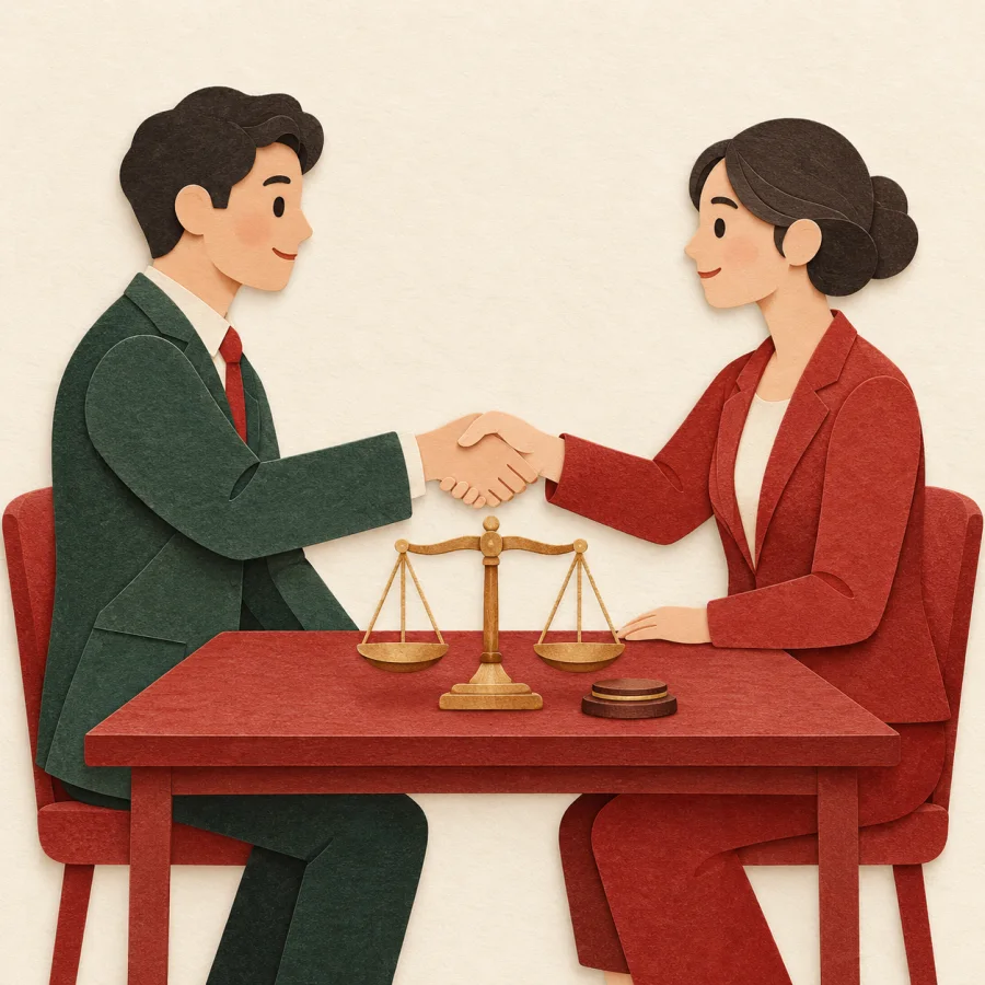 Two people shake hands beside a balanced scale of justice and a small gavel block
