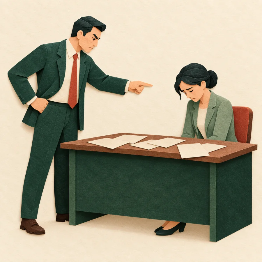 A supervisor points a finger at a dejected clerk sitting at a desk with scattered papers