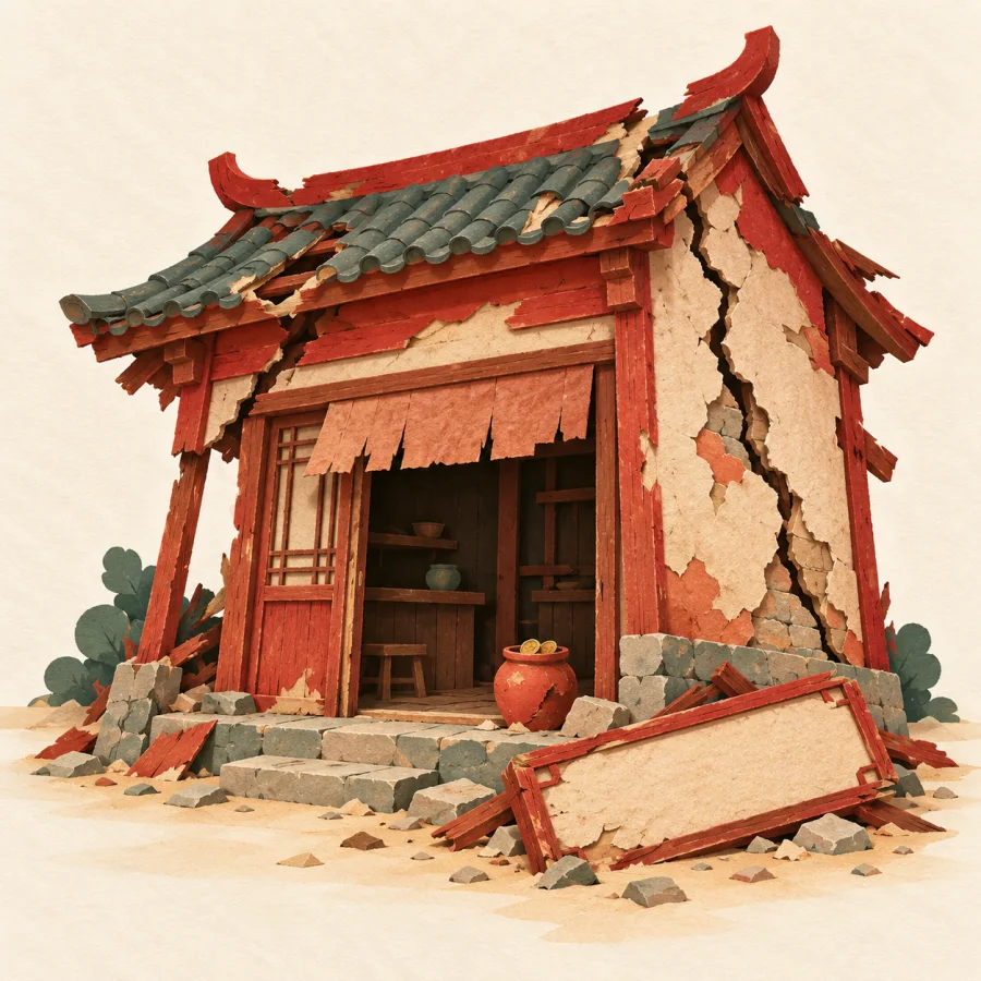 A small shop with a large crack in its wall stands tilted beside a fallen sign