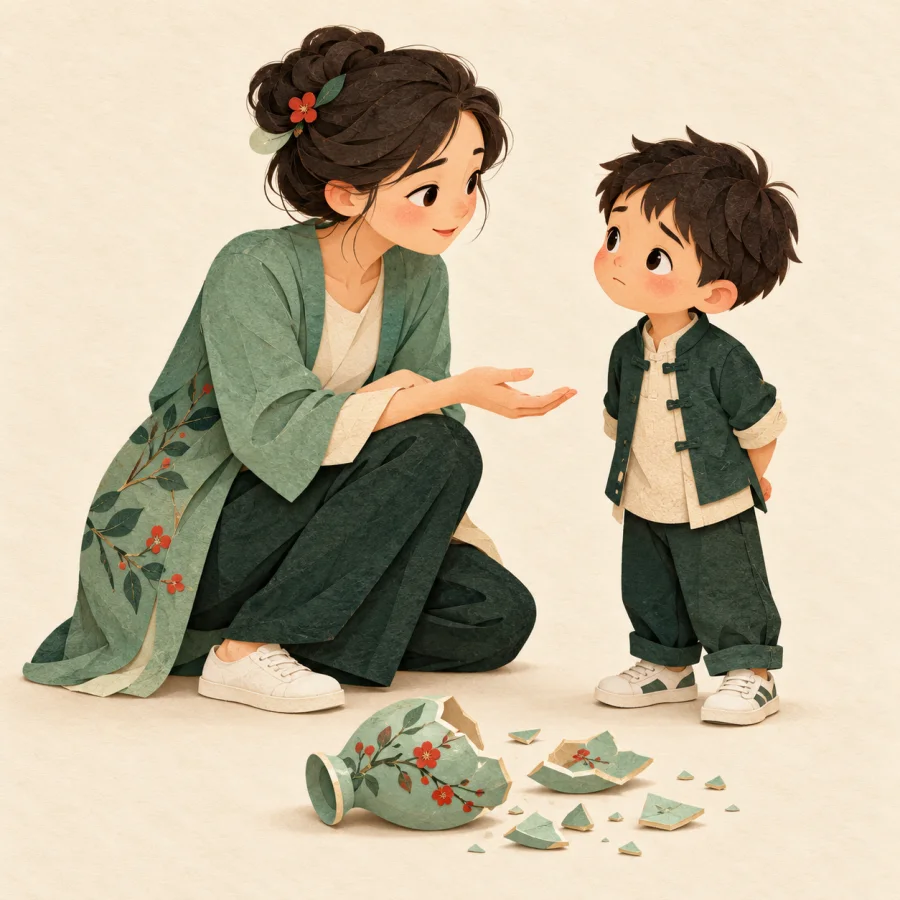 A parent and a child stand near a broken vase on the floor
