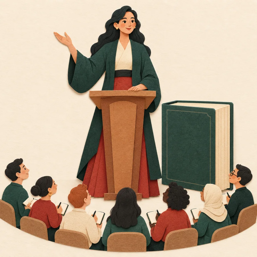 A tall confident speaker stands before a crowd of small listeners beside a large book