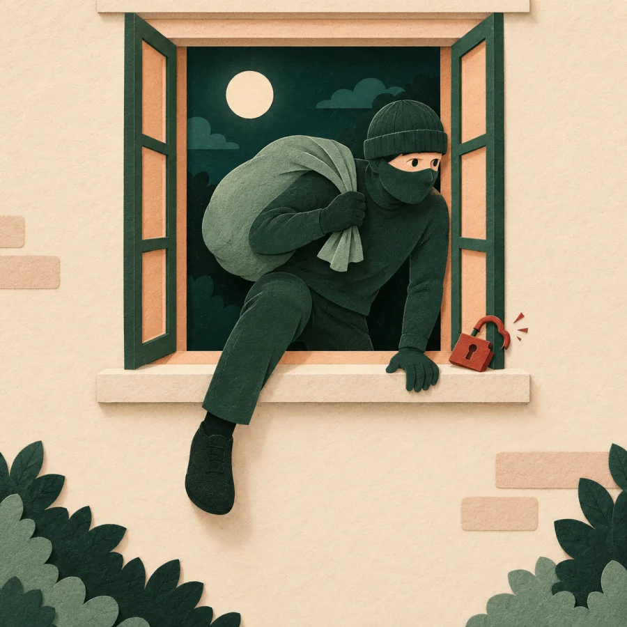 A figure slips out of a house window at night carrying a full sack
