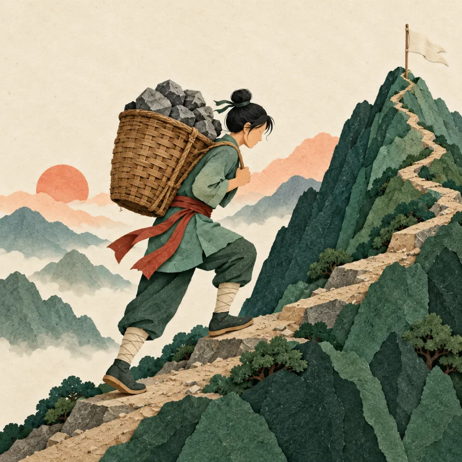 A person carries a heavy basket up a mountain toward a flag on the peak