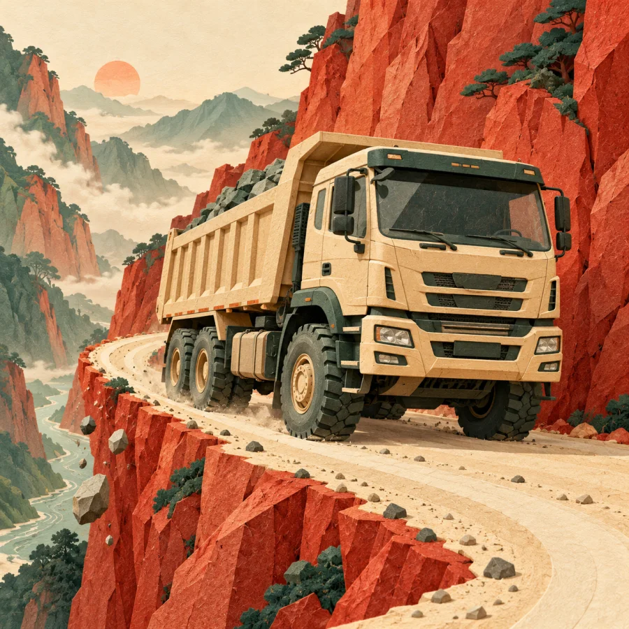 A big sandy heavy truck drives along a winding road between steep red cliffs