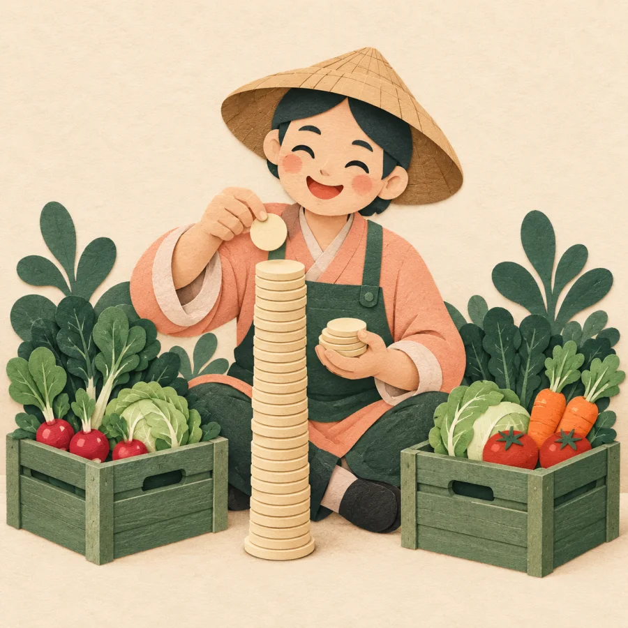 A smiling farmer counts coins beside crates of fresh vegetables