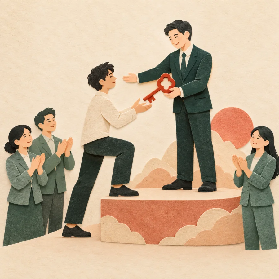A manager hands a young person a red key on a raised platform as colleagues applaud