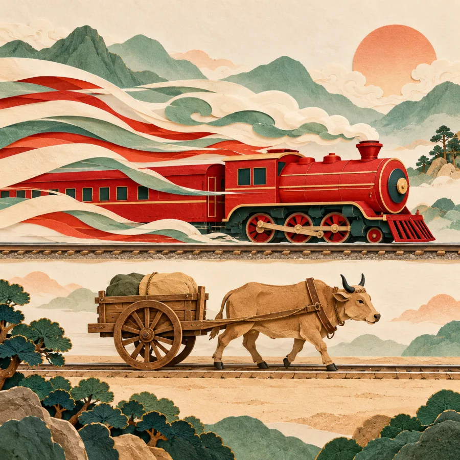 A red train speeds past a slower cart on neighbouring tracks