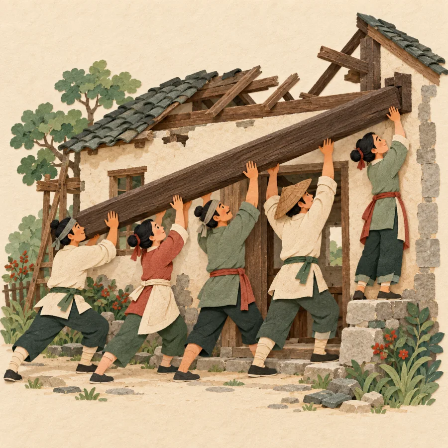 Villagers together raise a heavy roof beam onto a house