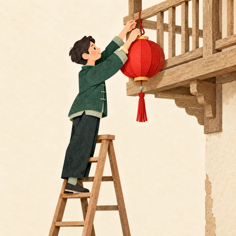 A person hangs a red lantern on a wooden balcony