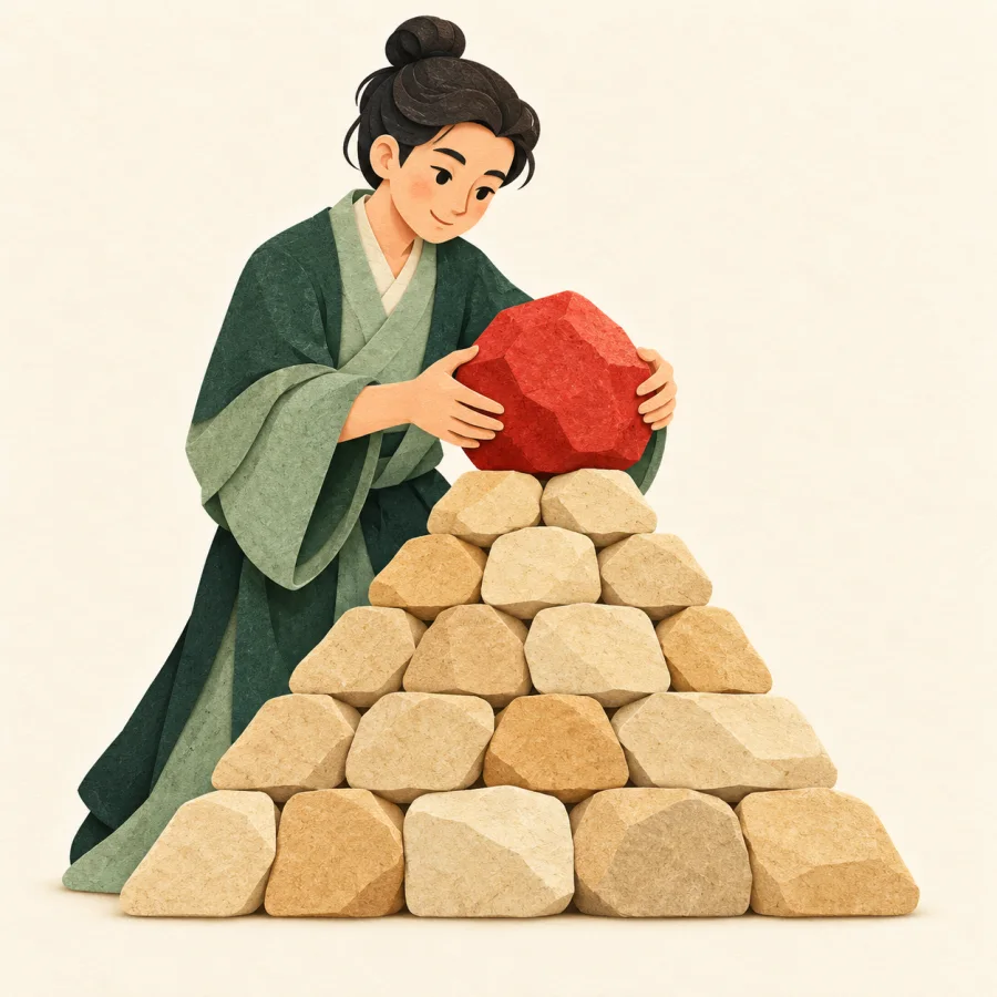 A person sets the largest red stone atop a stone pyramid