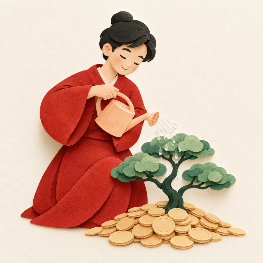 A person waters a green tree growing from a mound of coins
