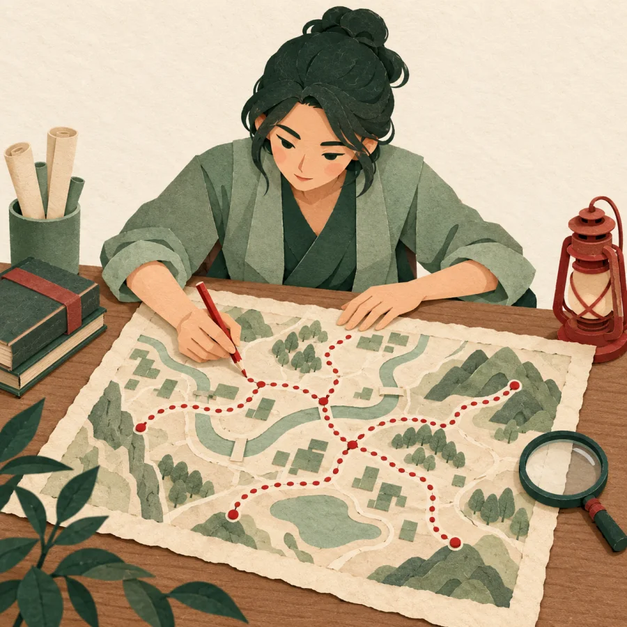 A planner marks every escape route on a map with a magnifying glass nearby.
