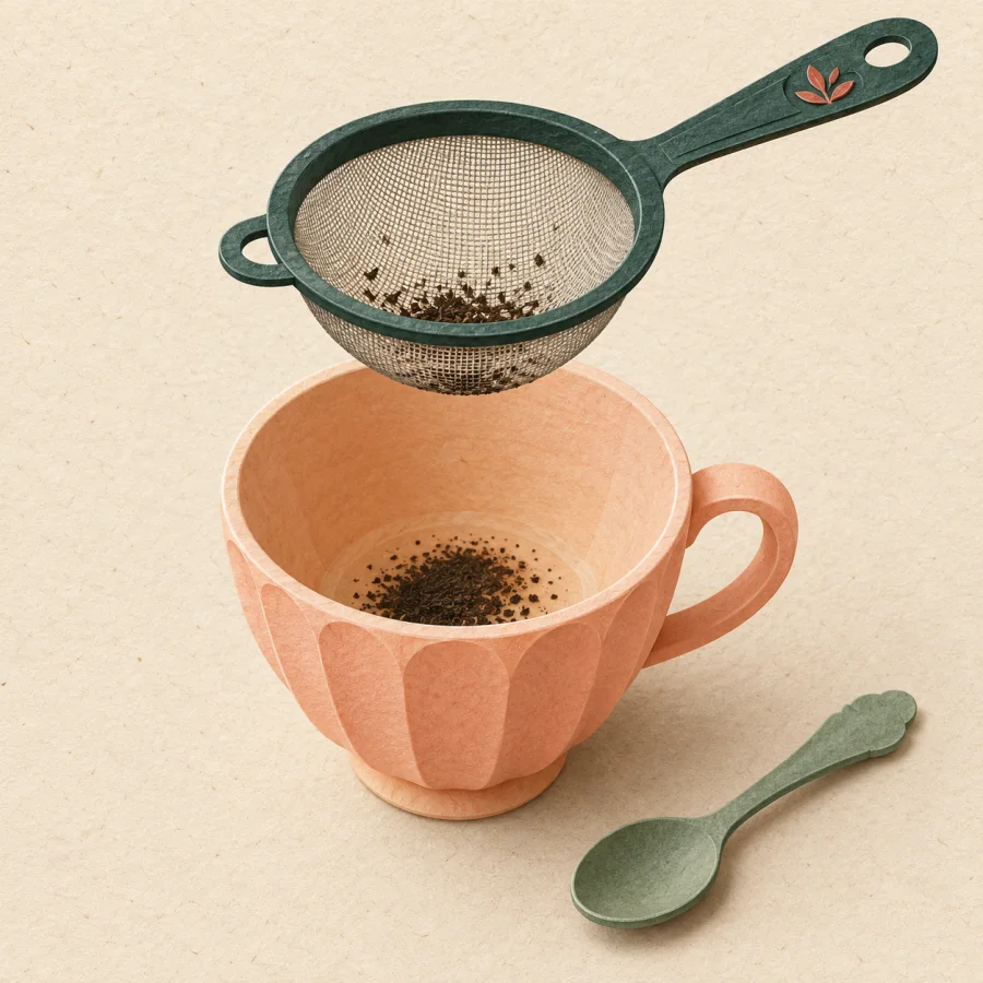 A strainer above a cup with fine residue settled at its bottom.