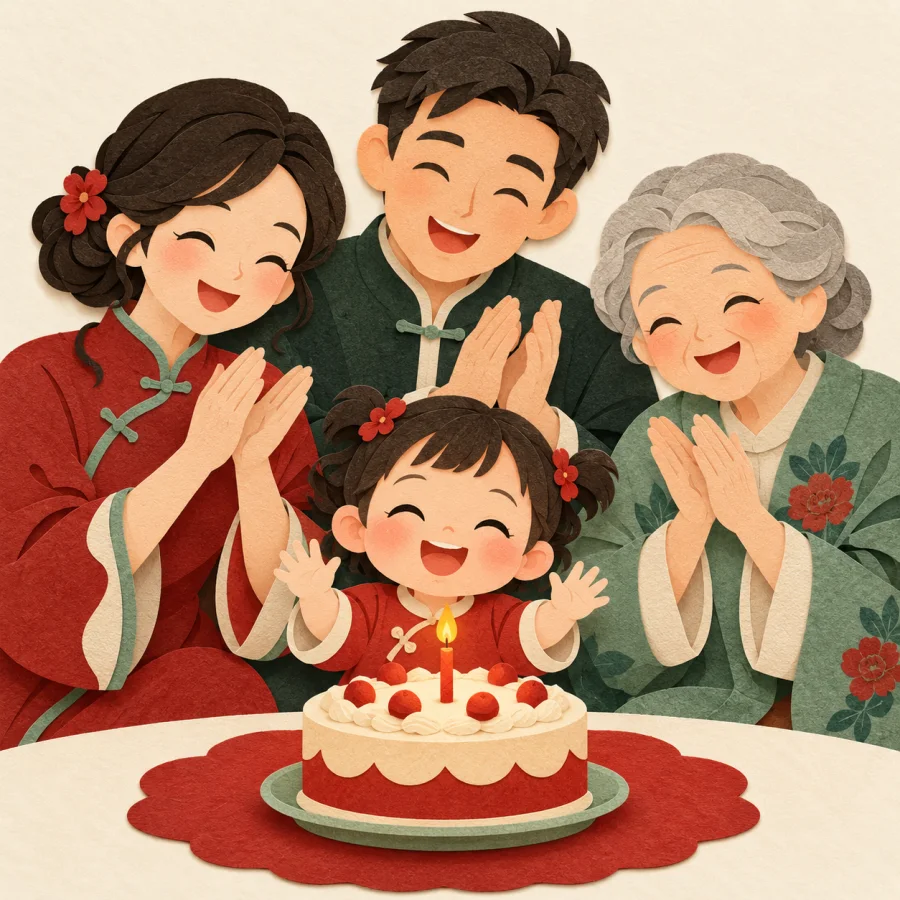 A family claps for a toddler beside a small birthday cake with a candle.