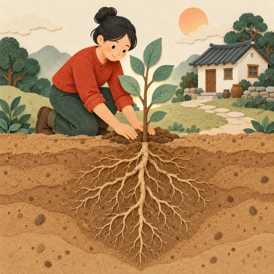 A person plants a young tree whose roots spread deep into the soil.