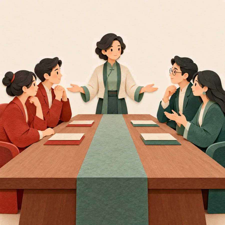 A person stands between two seated groups, gesturing toward both sides.