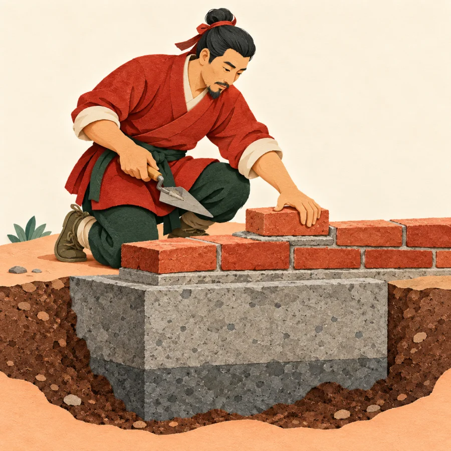 A craftsman lays firm bricks on a deep solid house foundation