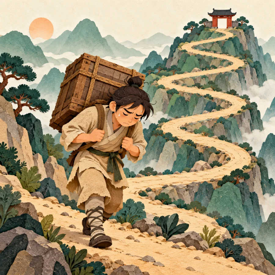 A traveler carries a crate along a long winding path with many turns