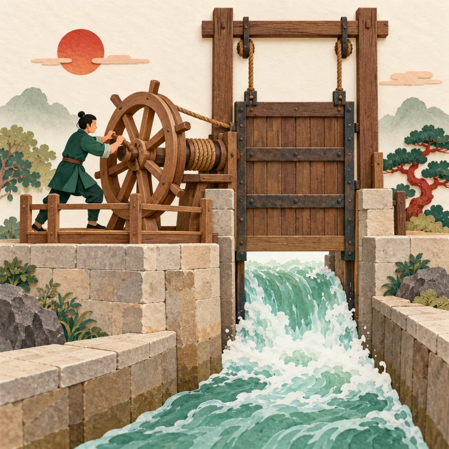 A person lifts a large sluice gate by wheel, water rushes below