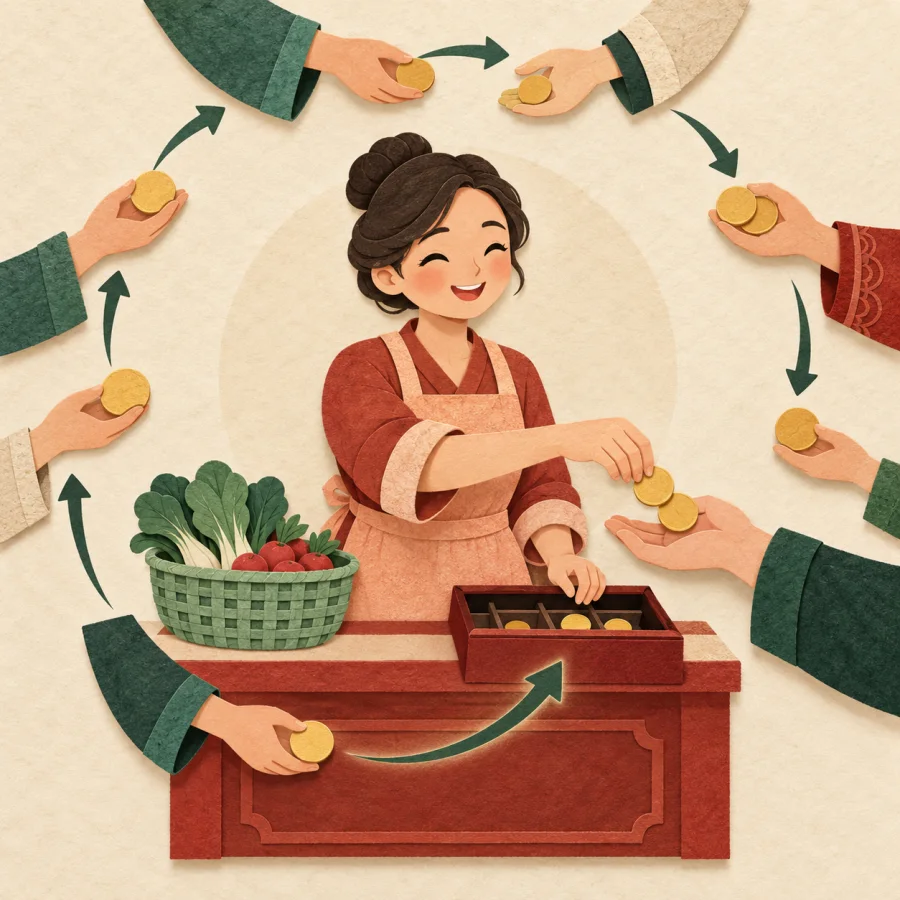 A shopkeeper hands coins to a customer as money circulates in a loop