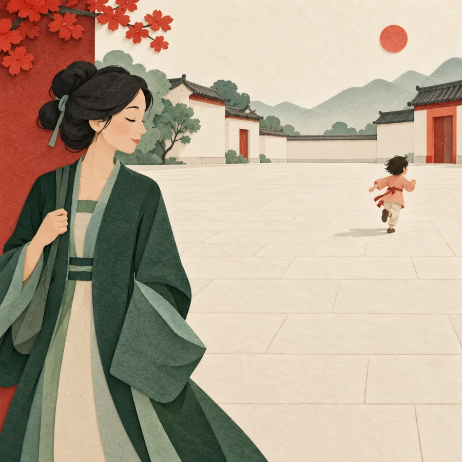 A mother blinks once while her child runs far ahead across the square