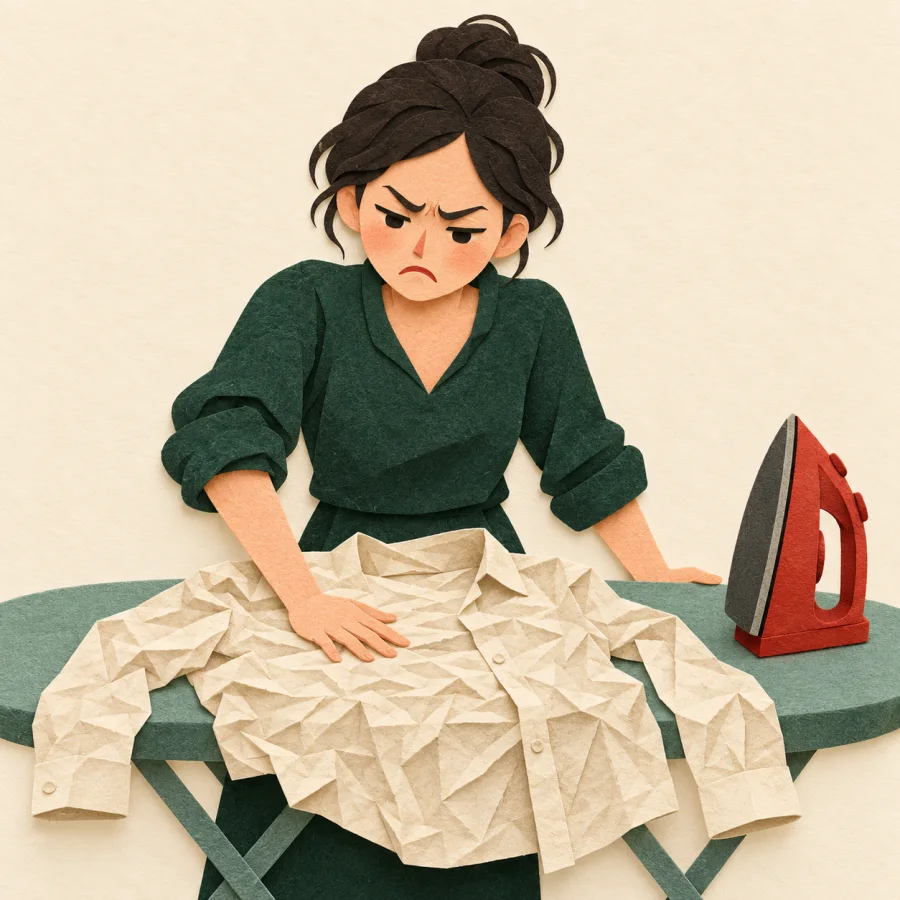 A frowning person smooths a badly crumpled shirt