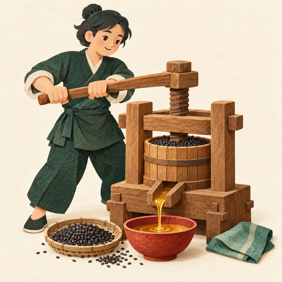 A person presses oil from seeds in a wooden press
