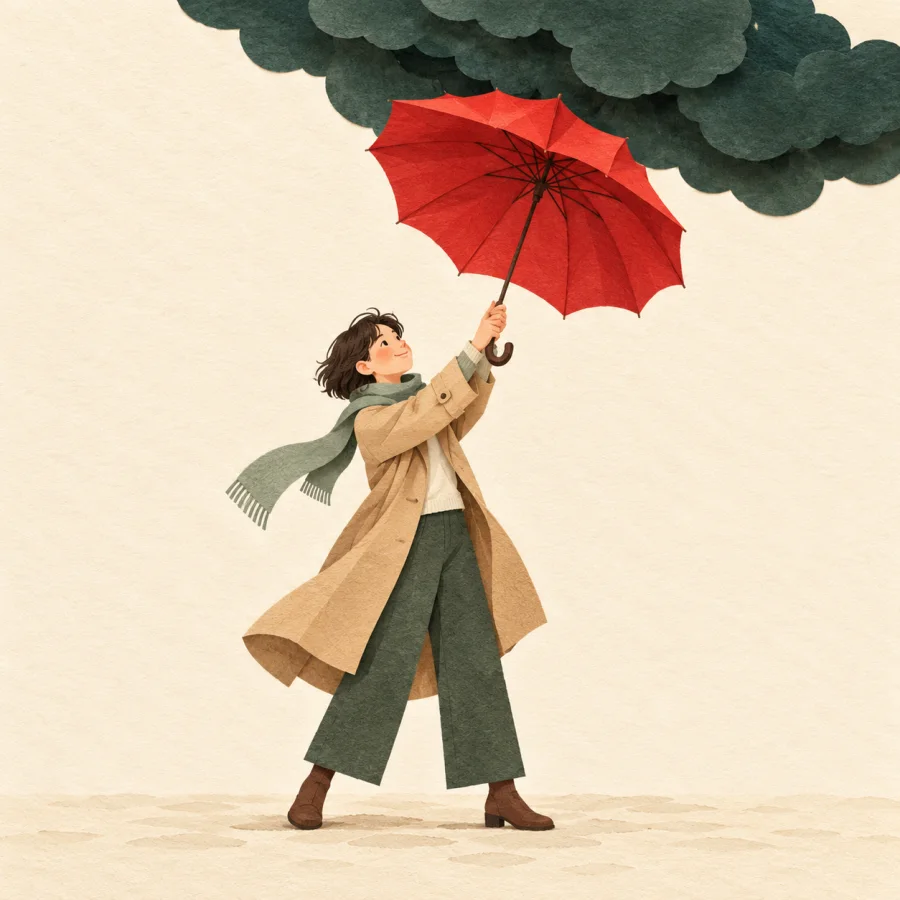 A passer-by hurriedly opens an umbrella under a dark cloud