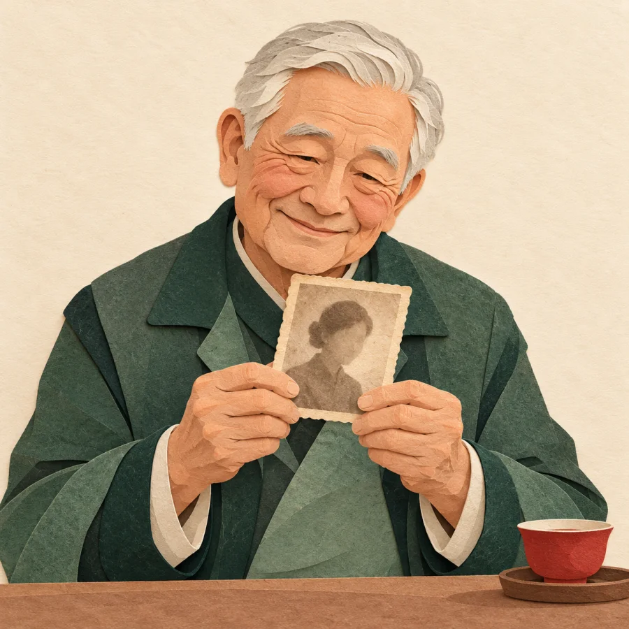 An elderly man with deep eye-corner wrinkles examines a photograph
