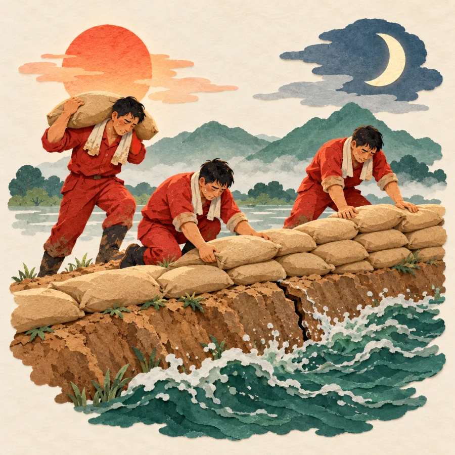 Workers repair a dike as the sun and the moon take turns