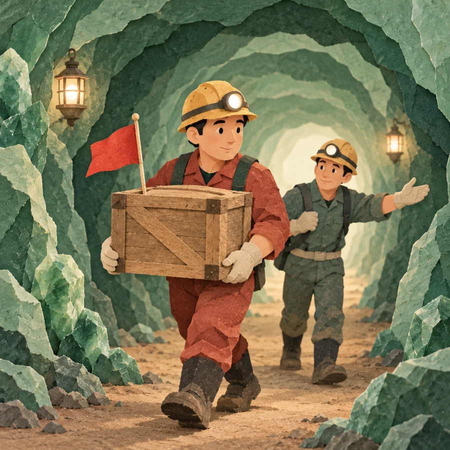 A miner carefully carries a crate with a red flag through a tunnel