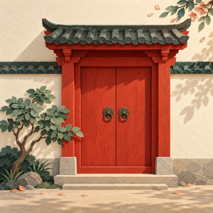 An old gate painted vermilion red stands against a cream wall