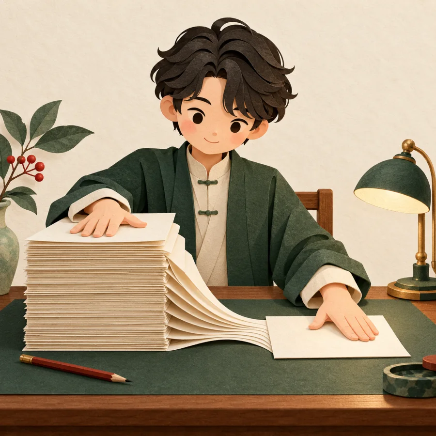 A student condenses a stack of papers into one short summary page