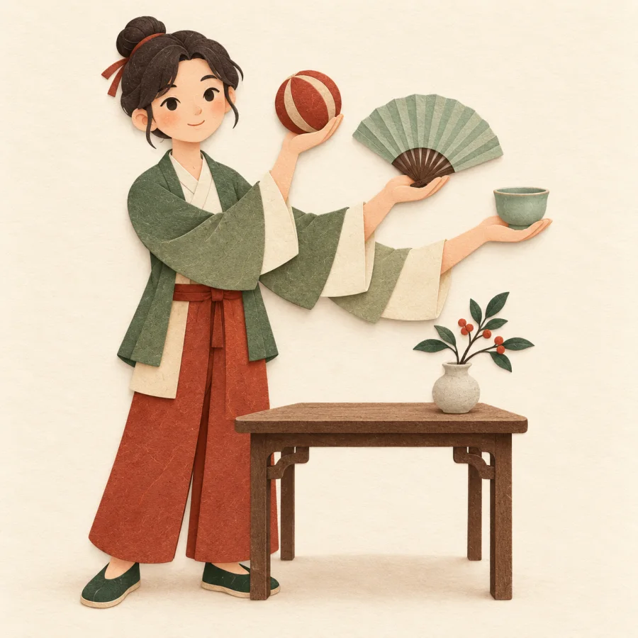 A person points at assorted items gathered on a table.