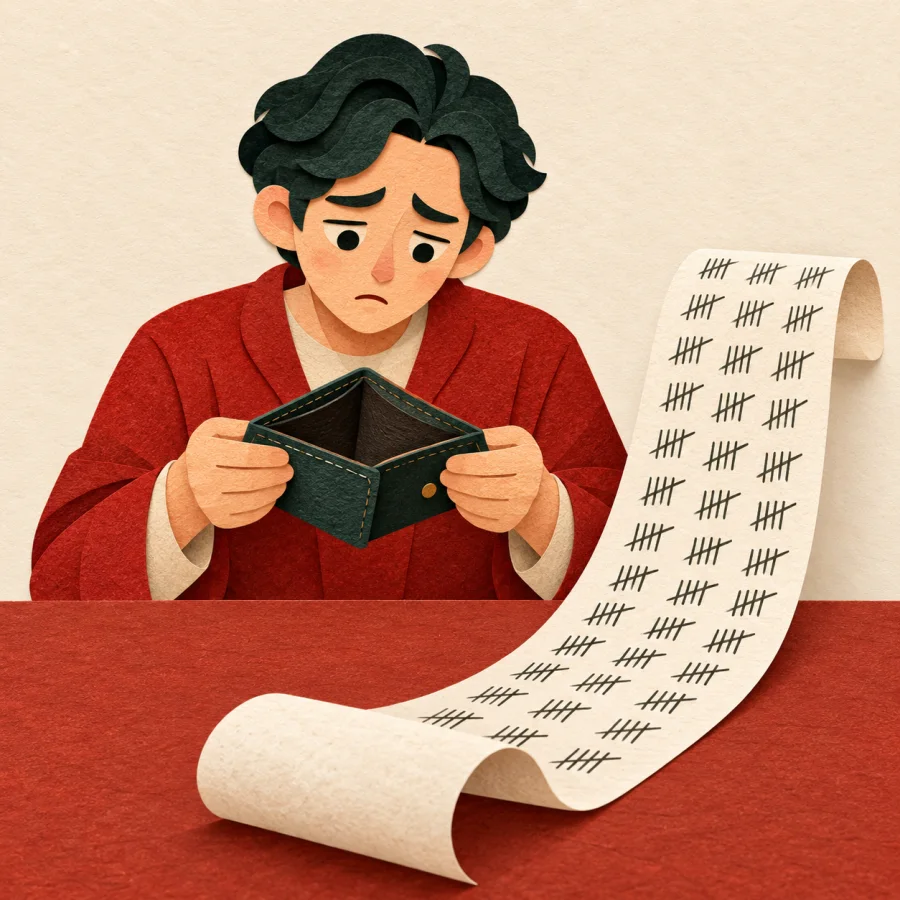 A worried person holding a wallet and a list of debts