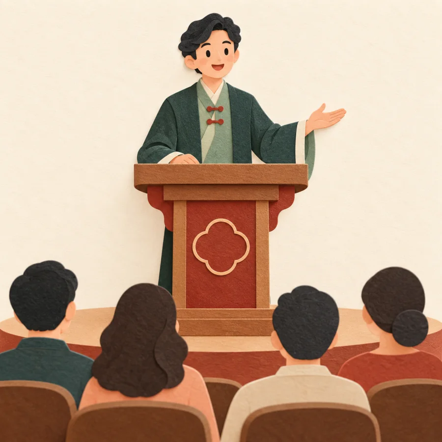 A speaker greeting an audience from a lectern