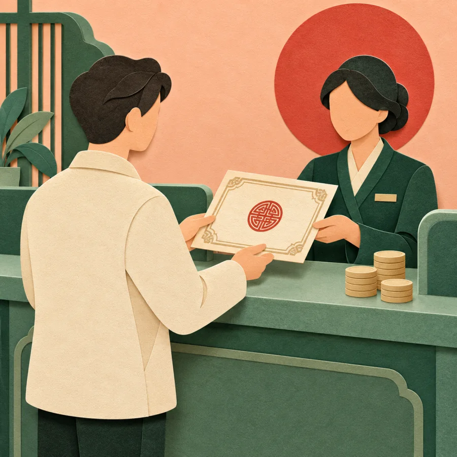 A person hands a paper certificate across a bank counter