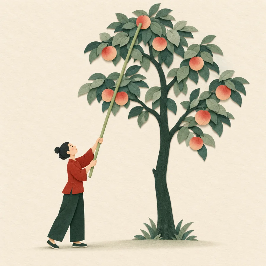An elderly person picks fruit from a tall tree with a long pole.