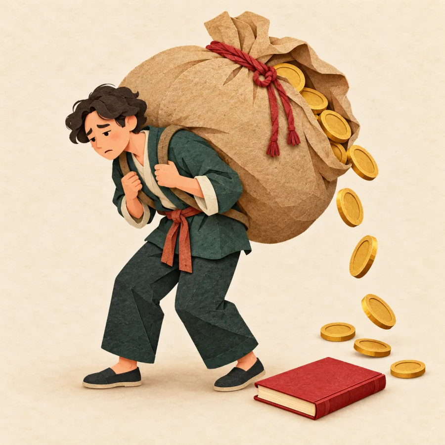 A tired person carries a huge sack of coins on their back